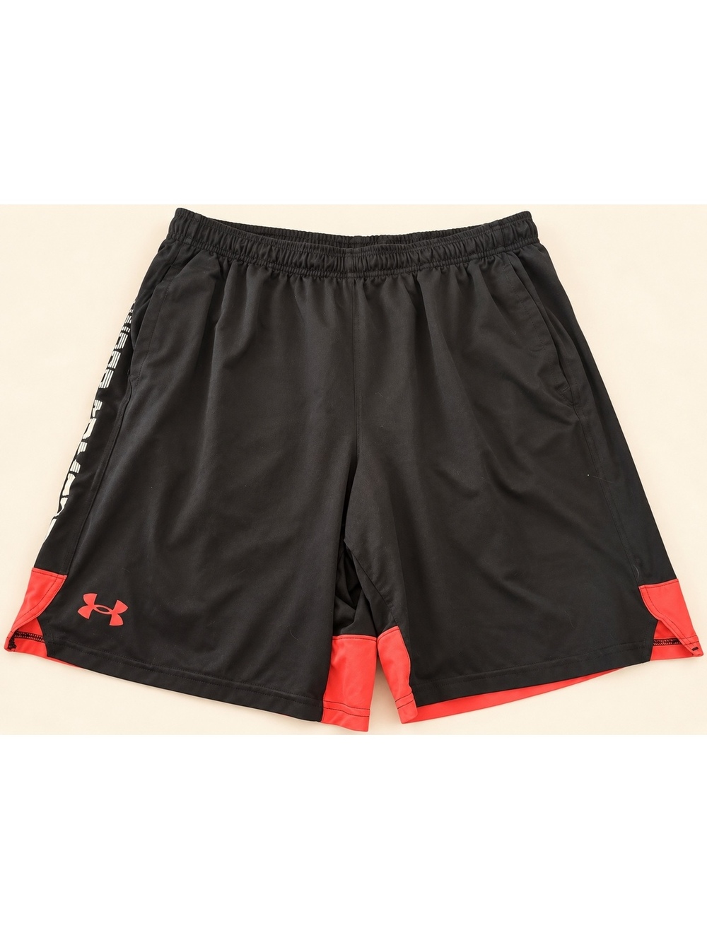 Under Armour Men’s Large Black Orange Athletic Basketball Shorts Loose Fit